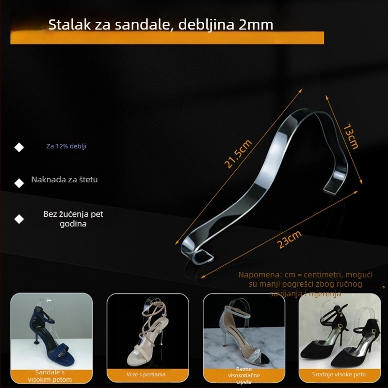 Prozirni akrilni izložbeni stalak za kožne cipele sa srednjim i visokim potpeticama, s elastičnim unutarnjim potporama