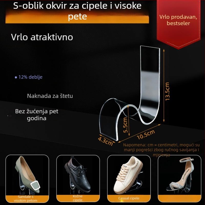 Prozirni akrilni izložbeni stalak za kožne cipele sa srednjim i visokim potpeticama, s elastičnim unutarnjim potporama