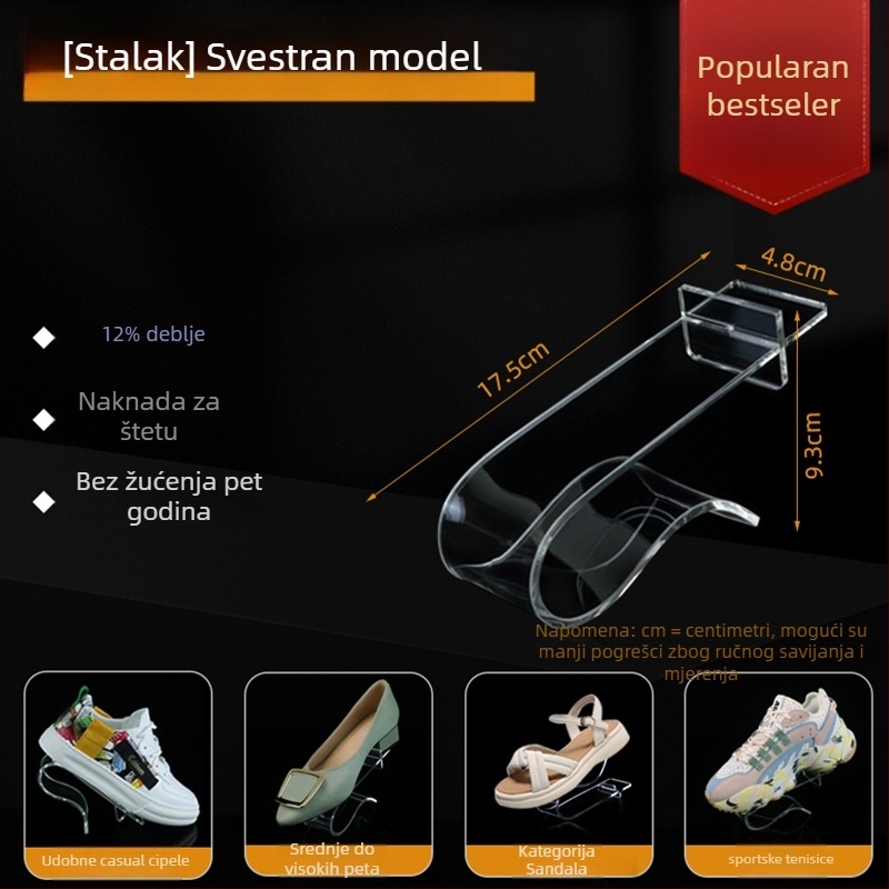 Prozirni akrilni izložbeni stalak za kožne cipele sa srednjim i visokim potpeticama, s elastičnim unutarnjim potporama