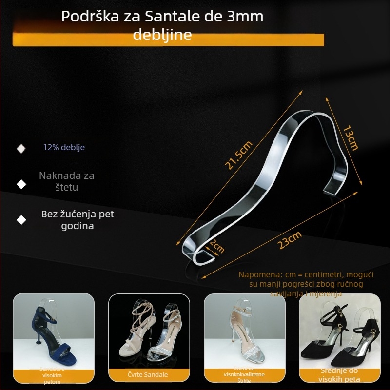 Prozirni akrilni izložbeni stalak za kožne cipele sa srednjim i visokim potpeticama, s elastičnim unutarnjim potporama