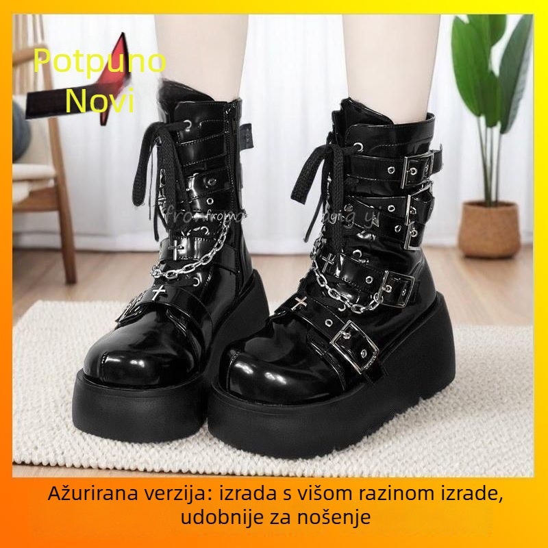 Čizme tassel s Cross Buckle – okrugli vrh, debeli potplat, PU gornji dio, gumeni potplat, visina potpetice 6-8 cm, prednje vezivanje, zimsko izdanje 2025