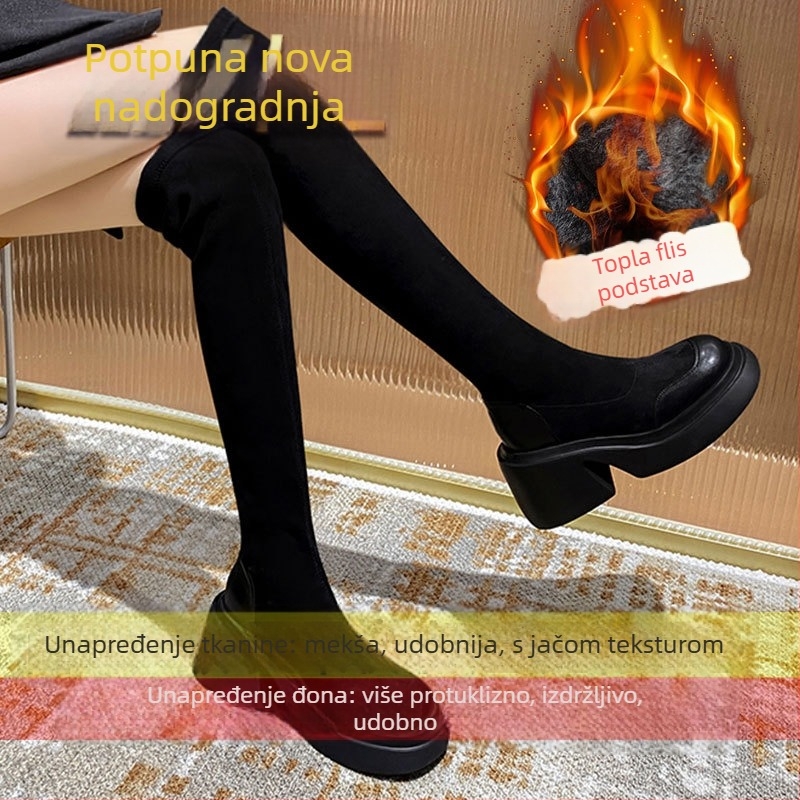 Ženske čizme iznad koljena, velur gornji dio, gumeni potplat, zaobljena prst, debeli peta 6–8 cm