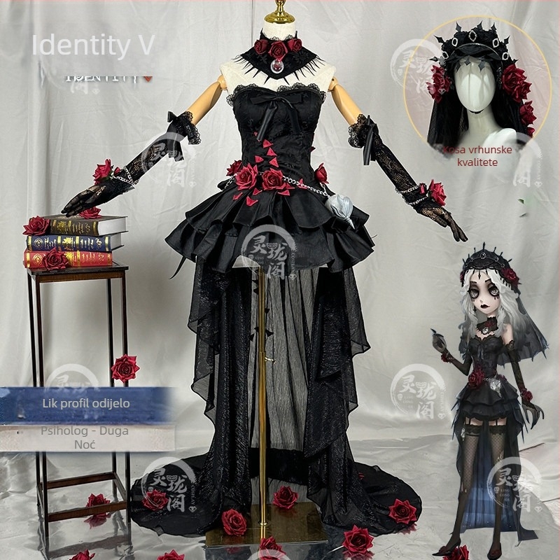 Identity V cosplay: psihologinja, duga haljina Witch Night s perikom i cipelama, saten materijal, proljeće 2026, anime uloge u igrama, korejski stil