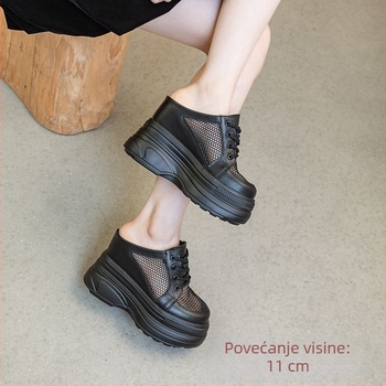 Ženske platforme s visinom 11 cm, od prave split kože, slip-on, okrugla špička, unutarnja PU i PU potplat