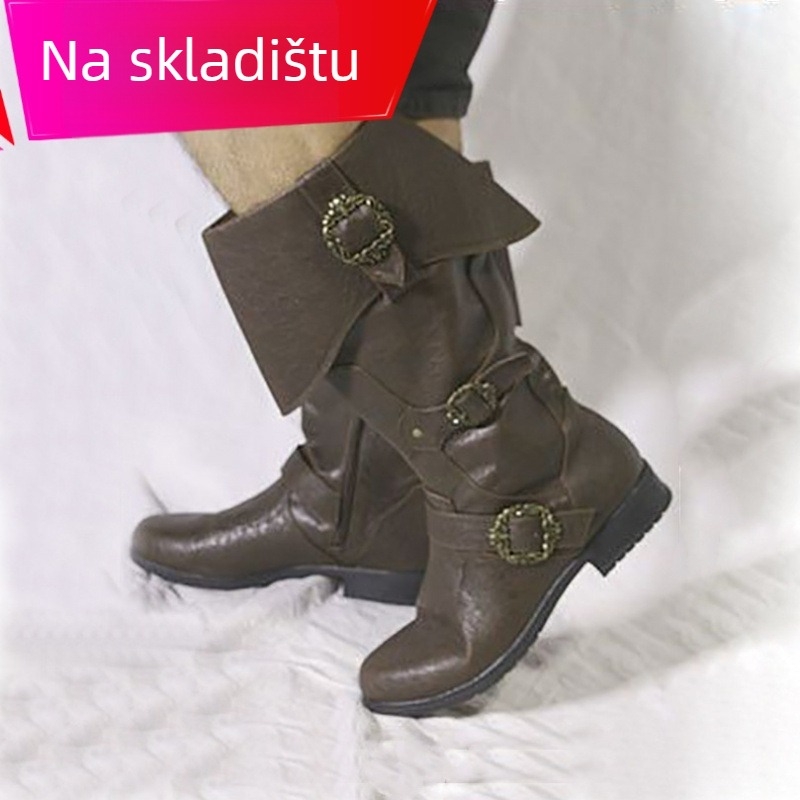 Cosplay kožne čizme – srednjovjekovni Viking/Norse stil, PU gornji dio, gumeni potplat, visok shaft, okrugli vrh, peta 3–5 cm