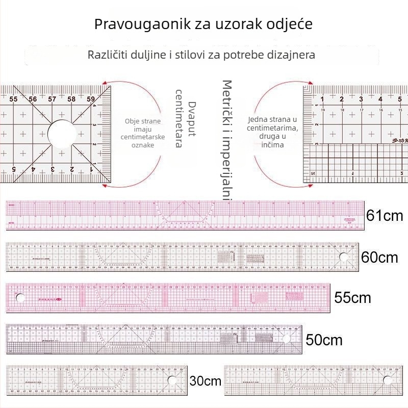 Višenamjenska ravnala za izradu uzoraka i krojenje odjevnih predmeta, savitljiva s ugrađenom skalom