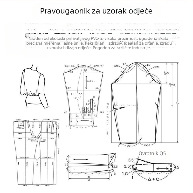 Višenamjenska ravnala za izradu uzoraka i krojenje odjevnih predmeta, savitljiva s ugrađenom skalom