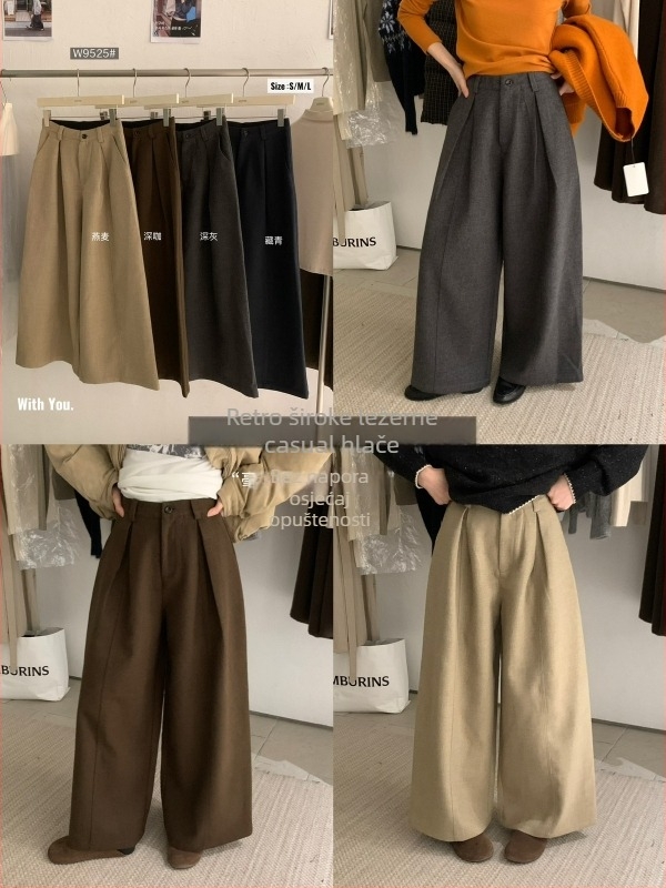 Kittin Casual hlače od vune i poliestera, široke nogavice s plisom, visoki struk, mikro-elastičnost