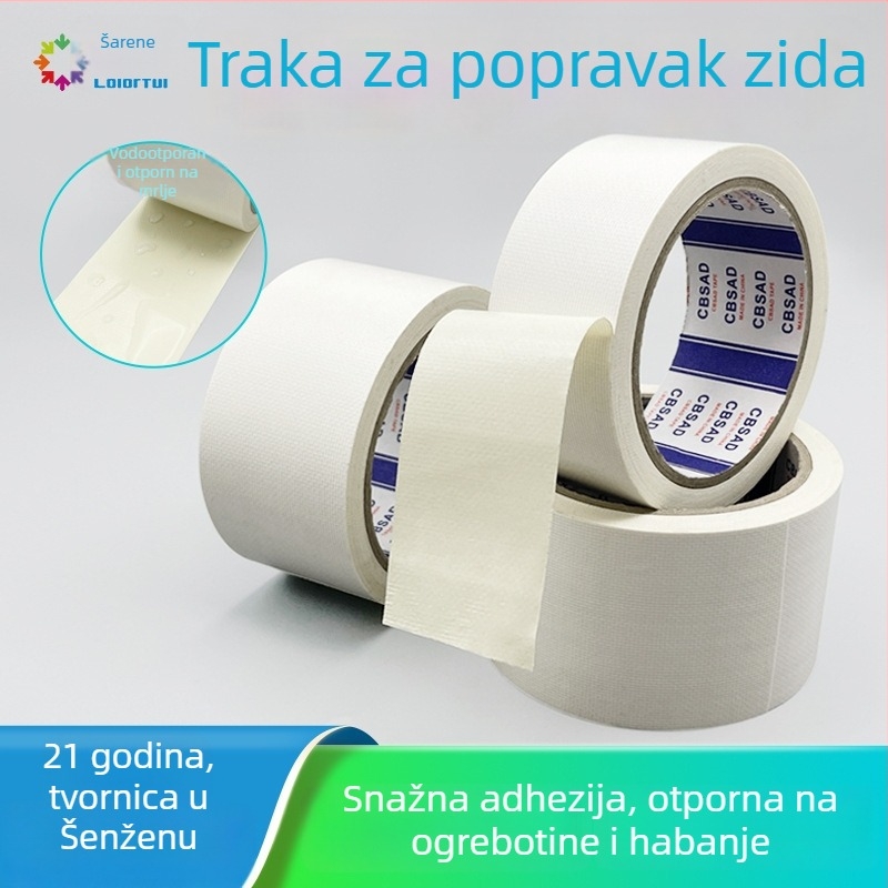 Tekstilna jednodjelna traka za popravak s tkaninskom osnovom, vodootporna i otporna na vlagu, za brtvljenje i popravke zidova; duljina 12 m; širine 20-100 mm; osnova: polietilen + gazno vlakno; debljina 0,026 mm; jaka adhezija