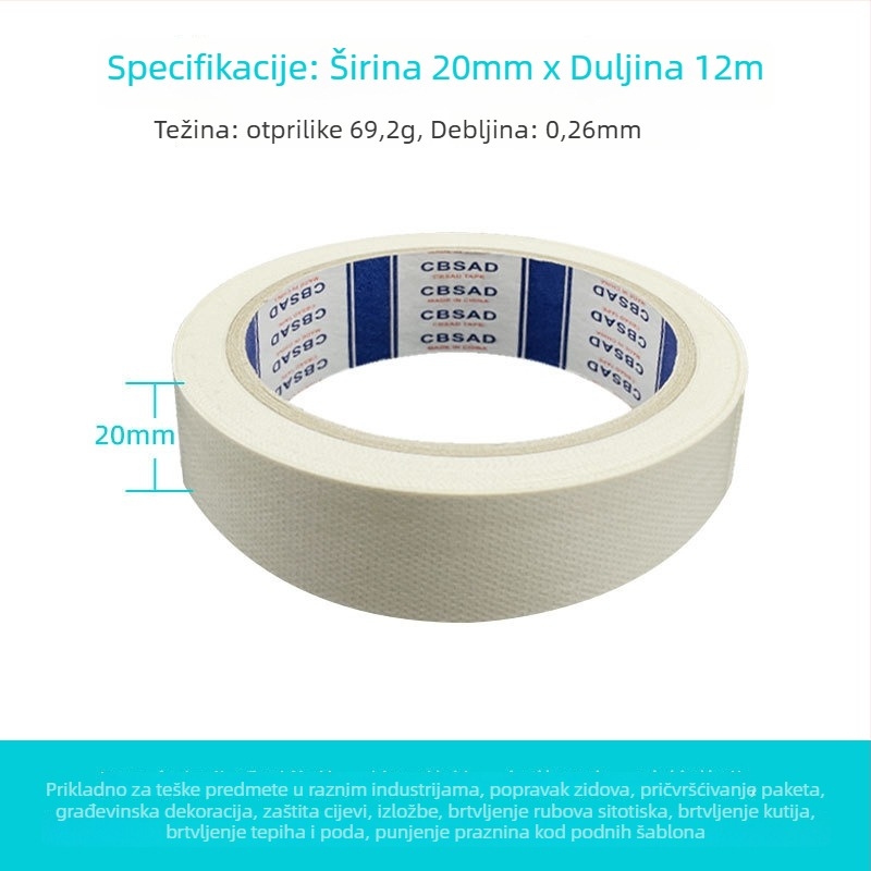 Tekstilna jednodjelna traka za popravak s tkaninskom osnovom, vodootporna i otporna na vlagu, za brtvljenje i popravke zidova; duljina 12 m; širine 20-100 mm; osnova: polietilen + gazno vlakno; debljina 0,026 mm; jaka adhezija