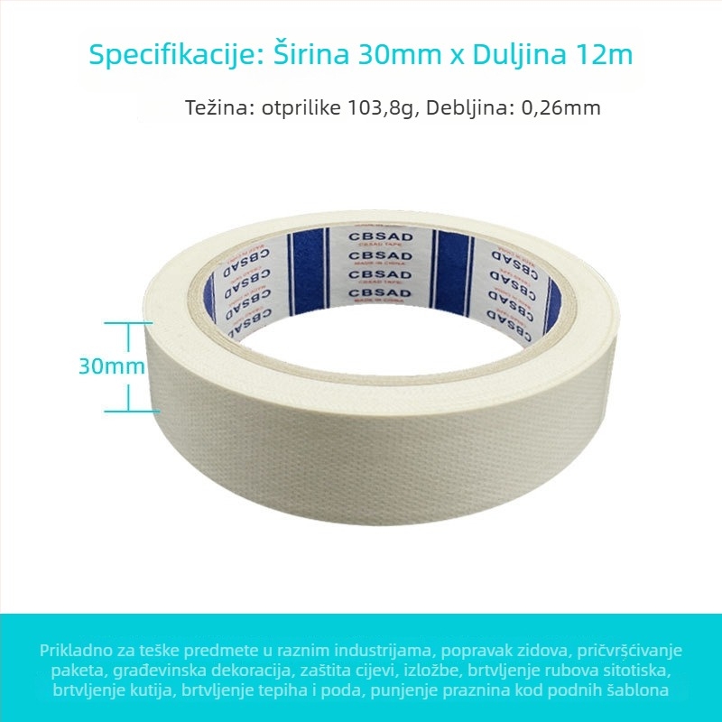 Tekstilna jednodjelna traka za popravak s tkaninskom osnovom, vodootporna i otporna na vlagu, za brtvljenje i popravke zidova; duljina 12 m; širine 20-100 mm; osnova: polietilen + gazno vlakno; debljina 0,026 mm; jaka adhezija