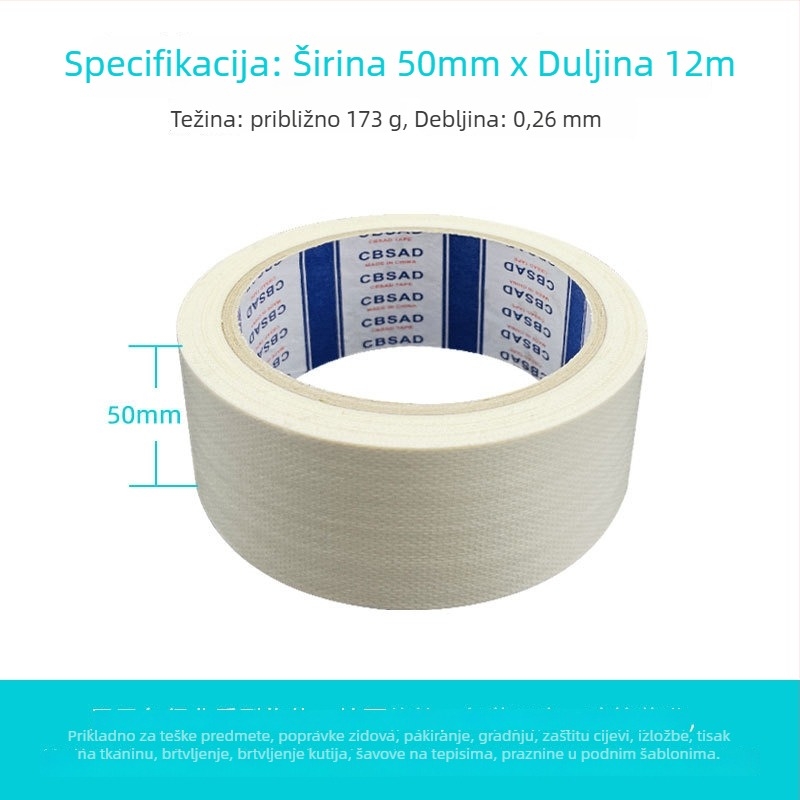 Tekstilna jednodjelna traka za popravak s tkaninskom osnovom, vodootporna i otporna na vlagu, za brtvljenje i popravke zidova; duljina 12 m; širine 20-100 mm; osnova: polietilen + gazno vlakno; debljina 0,026 mm; jaka adhezija
