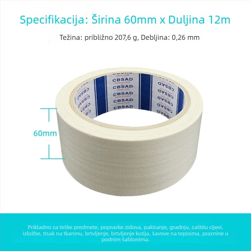 Tekstilna jednodjelna traka za popravak s tkaninskom osnovom, vodootporna i otporna na vlagu, za brtvljenje i popravke zidova; duljina 12 m; širine 20-100 mm; osnova: polietilen + gazno vlakno; debljina 0,026 mm; jaka adhezija