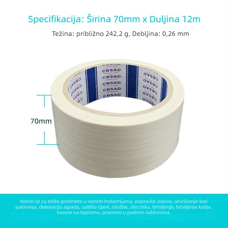 Tekstilna jednodjelna traka za popravak s tkaninskom osnovom, vodootporna i otporna na vlagu, za brtvljenje i popravke zidova; duljina 12 m; širine 20-100 mm; osnova: polietilen + gazno vlakno; debljina 0,026 mm; jaka adhezija
