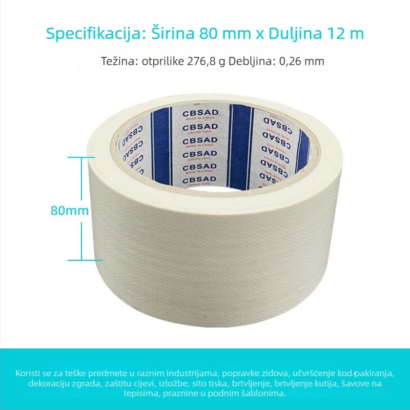 Tekstilna jednodjelna traka za popravak s tkaninskom osnovom, vodootporna i otporna na vlagu, za brtvljenje i popravke zidova; duljina 12 m; širine 20-100 mm; osnova: polietilen + gazno vlakno; debljina 0,026 mm; jaka adhezija