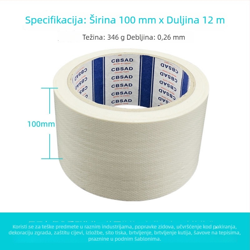 Tekstilna jednodjelna traka za popravak s tkaninskom osnovom, vodootporna i otporna na vlagu, za brtvljenje i popravke zidova; duljina 12 m; širine 20-100 mm; osnova: polietilen + gazno vlakno; debljina 0,026 mm; jaka adhezija
