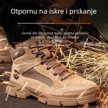 Muške zimske sigurnosne radne cipele, s visokim gornjim dijelom, podstavljene, otporne na udarce i probijanje, protuprašne i izdržljive, gornji dio od nubuka ili brušene kože i gumena potplata