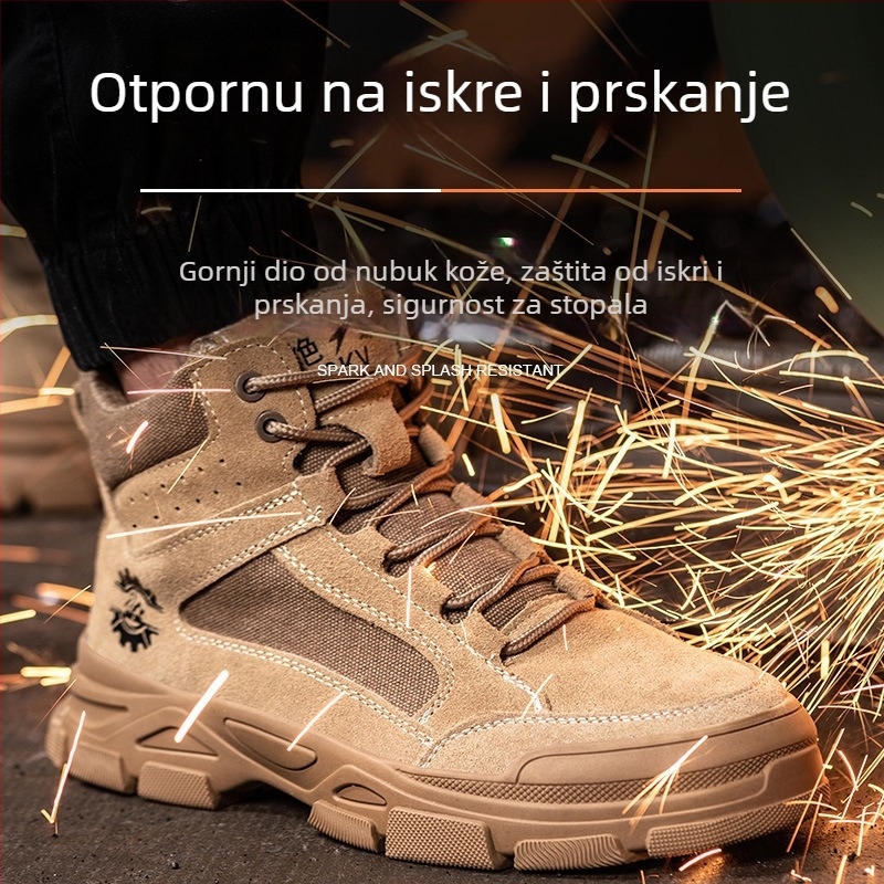 Muške zimske sigurnosne radne cipele, s visokim gornjim dijelom, podstavljene, otporne na udarce i probijanje, protuprašne i izdržljive, gornji dio od nubuka ili brušene kože i gumena potplata