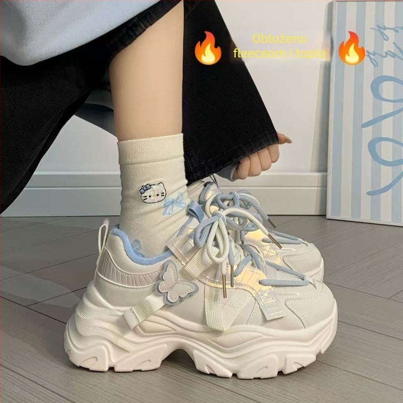 Ženske tenisice tipa dad s fleece podstavom, mrežasti gornji dio, gumena potplata, platforma 3–5 cm, vezanje
