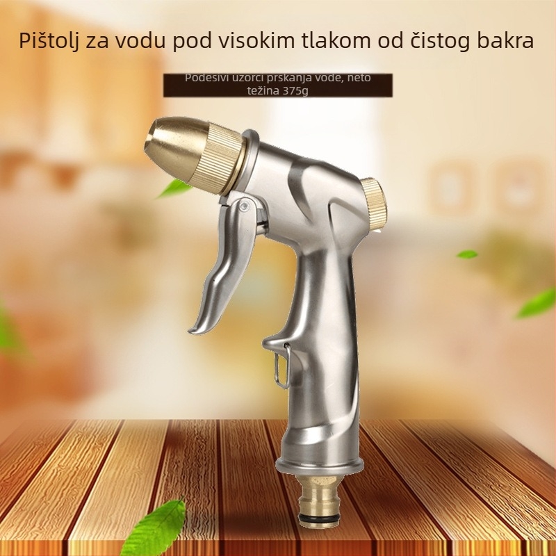 Visokotlačna pištolj za pranje automobila s glavom raspršivanja od čiste bakra i ručkom od cinkovog legura; tlak 10-15 MPa, domet raspršivanja 10 m, masa 0,375 kg