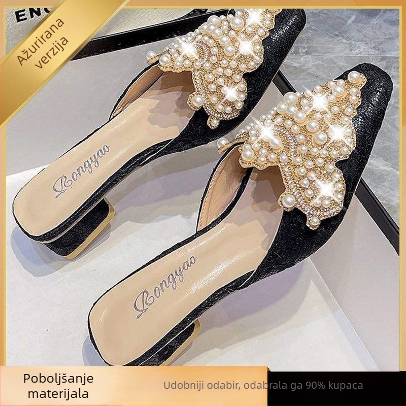 Ženske slip-on sandale s oštrim vrhom, čipkasti gornji dio s perlama i kristalima, ravna podloga, PU gornji dio i PU podloga
