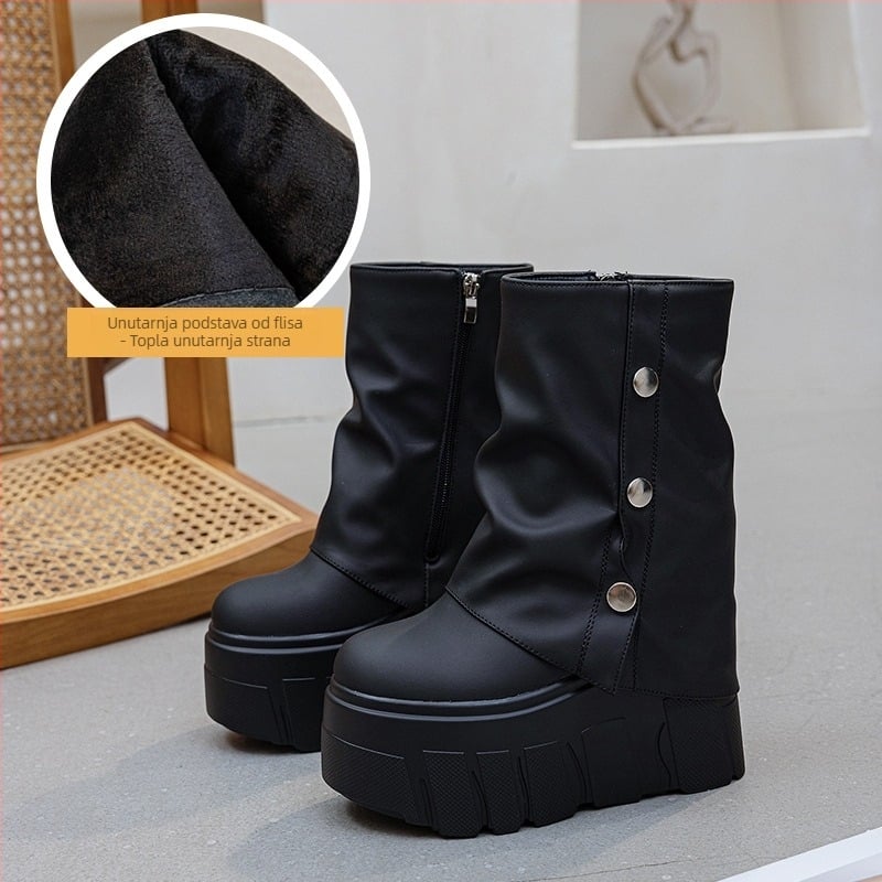 Ženske čizme s debelom potpeticom za povećanje visine, srednje visoke, gornji materijal split koža, đon poliuretan, bočni zatvarač, okrugli vrh, zimsko-jesenska sezona 2026