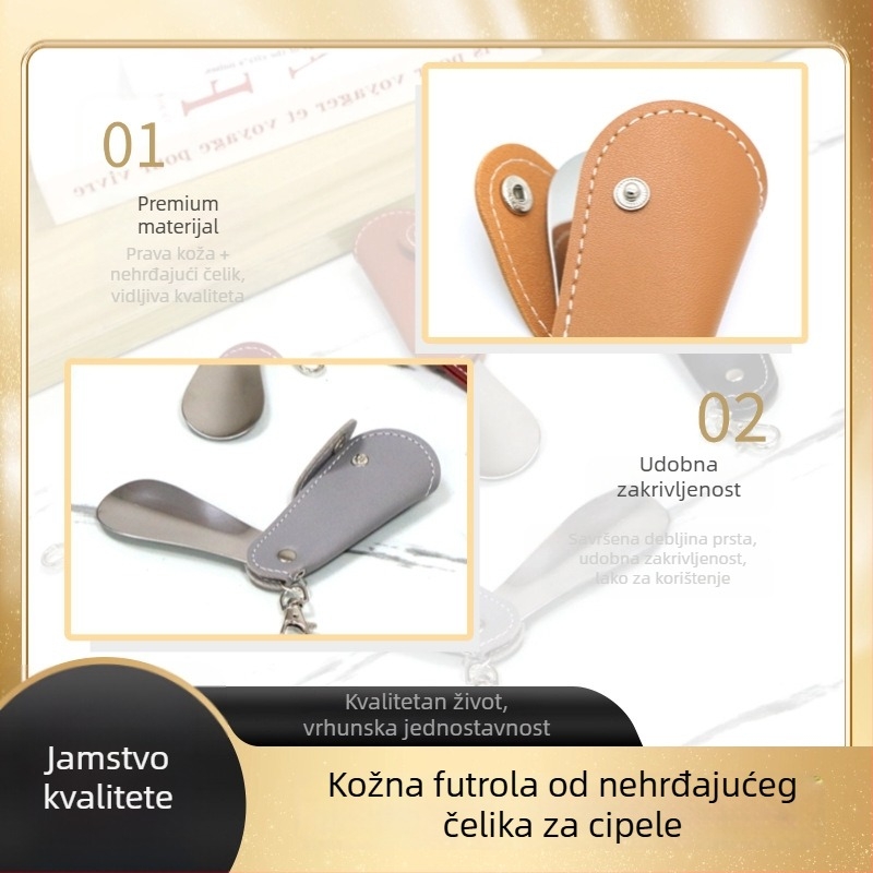 Xiebazi-7444 Metalni Shoehorn s kožnim kućištem, Mini prijenosni, Dizajn s kukom za vješanje, Literarno-retro stil