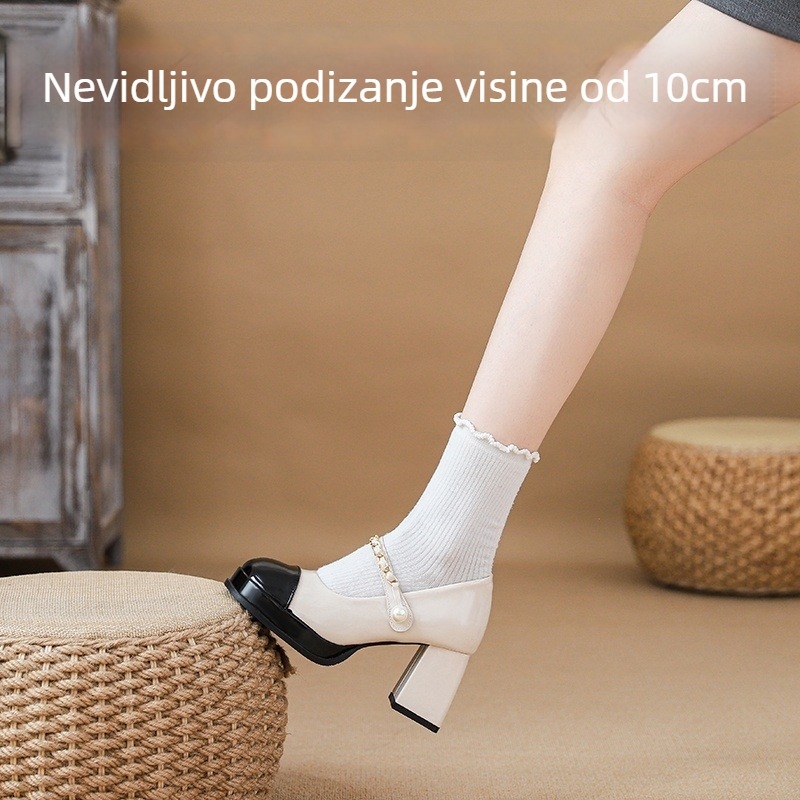 Ženske Mary Jane cipele s četvrtastim nosom, gornji materijal: super vlakno, visok i debeli pet (>8 cm), zatvaranje kopčom, gumena potplata