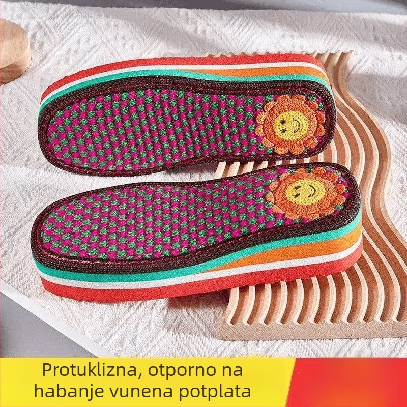 Ručne izrađene papuče s visokim petama i izvezenom potplatom, otporne na habanje i klizanje, pleteni dizajn s debelim vunenim klinovima, zimski stil.