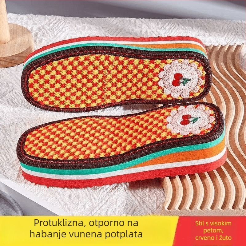 Ručne izrađene papuče s visokim petama i izvezenom potplatom, otporne na habanje i klizanje, pleteni dizajn s debelim vunenim klinovima, zimski stil.