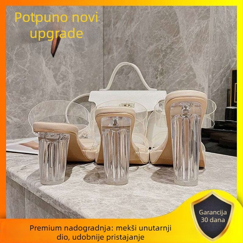 Ženske plažne sandale s dvostruko kožnim gornjim dijelom od svinjske kože, prst u obliku riblje usta, PU potplat, korejski stil, ultra visoka peta preko 8 cm