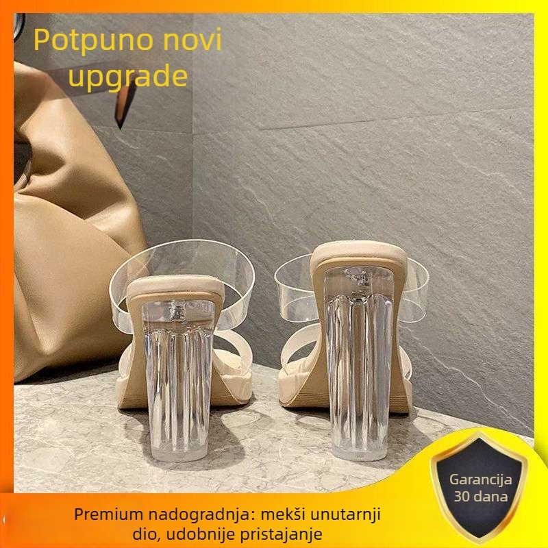 Ženske plažne sandale s dvostruko kožnim gornjim dijelom od svinjske kože, prst u obliku riblje usta, PU potplat, korejski stil, ultra visoka peta preko 8 cm