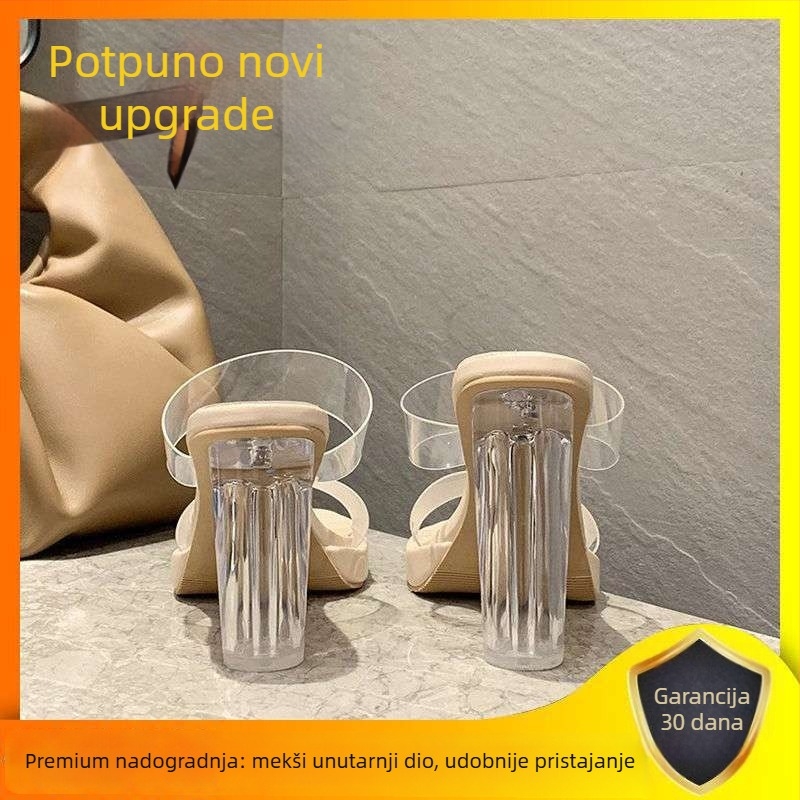 Ženske plažne sandale s dvostruko kožnim gornjim dijelom od svinjske kože, prst u obliku riblje usta, PU potplat, korejski stil, ultra visoka peta preko 8 cm