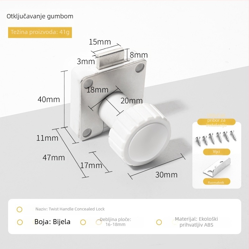 Mehanički brava za ormariće s okretajućom ručkom (Model 138; Materijal: cinkova Legura + plastika; Pogodno za ladice i skladišne ormariće; Marka: Dingsen)