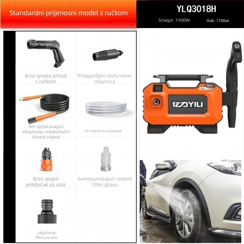 Kućni prijenosni stroj za pranje automobila visokog tlaka, 1500W, 220V, 110 bar, 7 L/min, 3,5 kg