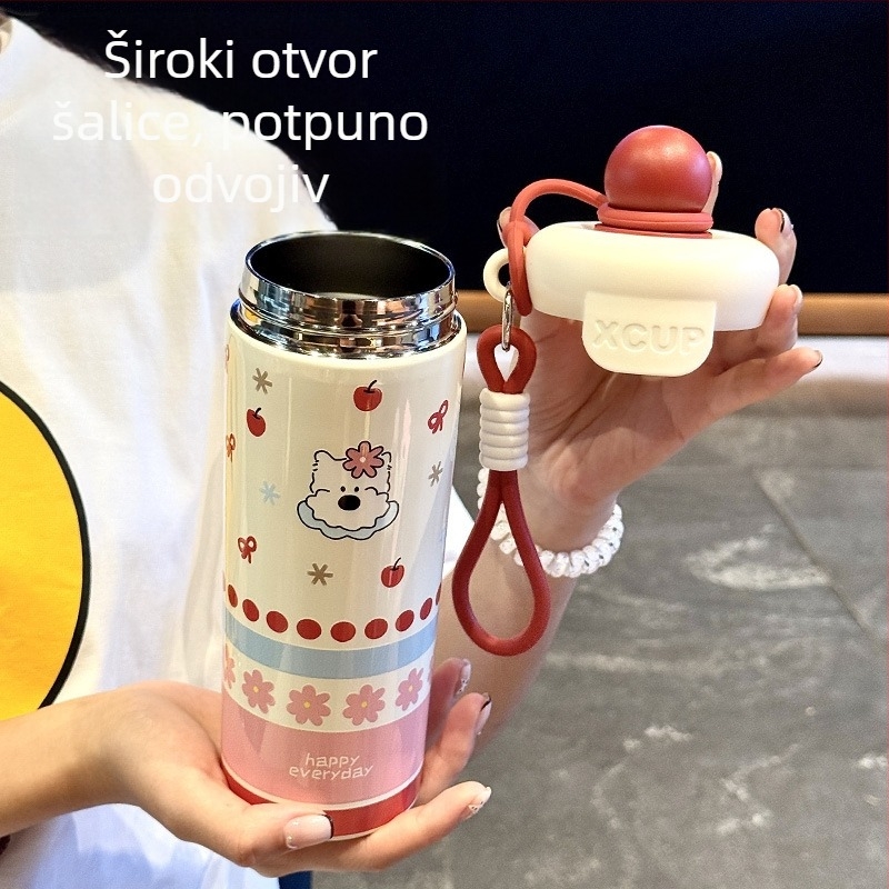 Izolirana šalica s unutarnjim spremnikom od 316 SS, vanjskim dijelom od 201 SS, vakuumska izolacija 6–12 h, remen za nošenje i slamčica, prilagodljivo lasersko graviranje ili sitotisak.