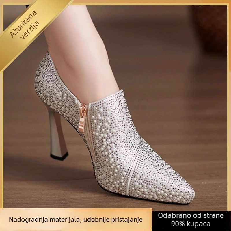 Platforme svadbene cipele s kristalima, niski mačji potpetica, PU gornji dio, gumeni đon, zatvarač jednim kaišem