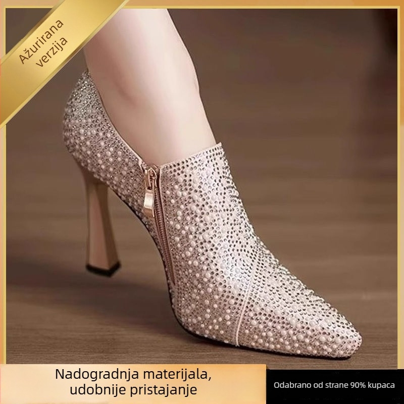 Platforme svadbene cipele s kristalima, niski mačji potpetica, PU gornji dio, gumeni đon, zatvarač jednim kaišem