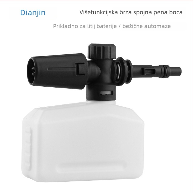 Bežični pištolj za pjenu za pranje automobila – prenosni, plastična glava i držak; raspršivanje 5–10 m; napajanje 24V; kompatibilan s bežičnim akumulatorskim uređajima za pranje automobila.