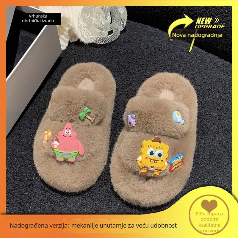 Plišane papuče za djevojčice 1–3 godine, gornji dio od umjetne kože, gumena potplata, karikatura uzorak