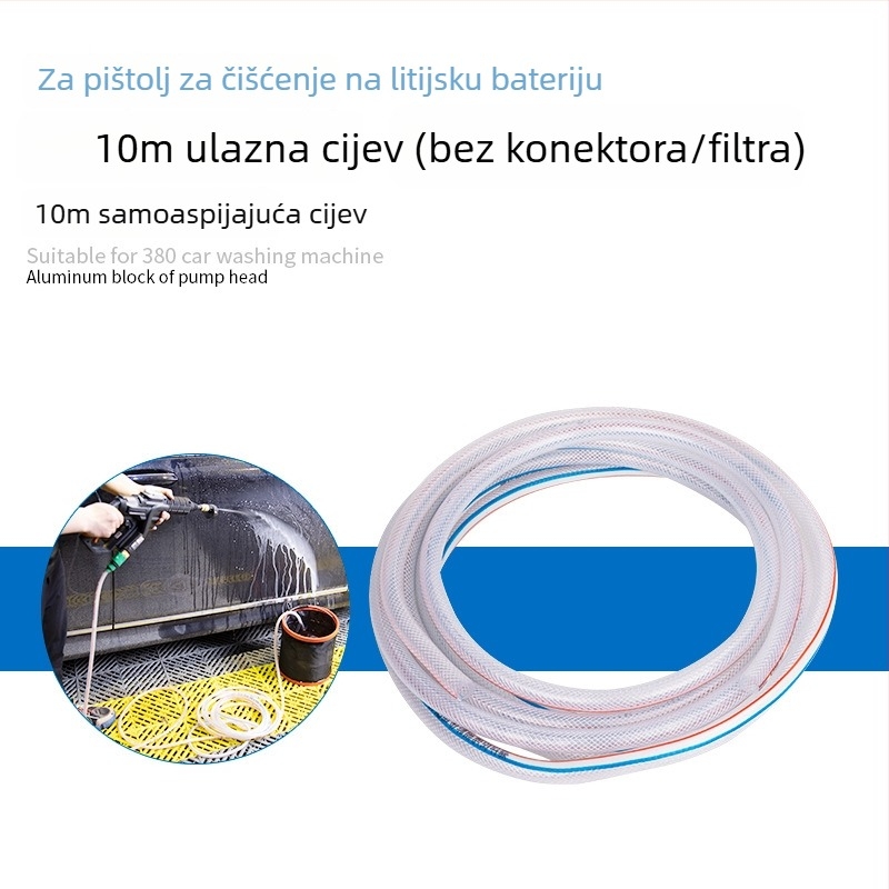 Set dodatne opreme za prijenosno bežično pranje automobila — 10 m crijevo za vodu, usisna cijev, filtrna mreža, konektori (Materijal mlaznice: Drugo; Pritisak vode: Drugo; Težina: 0.9)