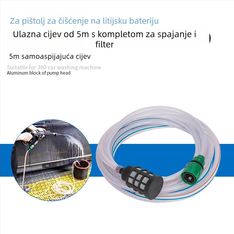 Set dodatne opreme za prijenosno bežično pranje automobila — 10 m crijevo za vodu, usisna cijev, filtrna mreža, konektori (Materijal mlaznice: Drugo; Pritisak vode: Drugo; Težina: 0.9)