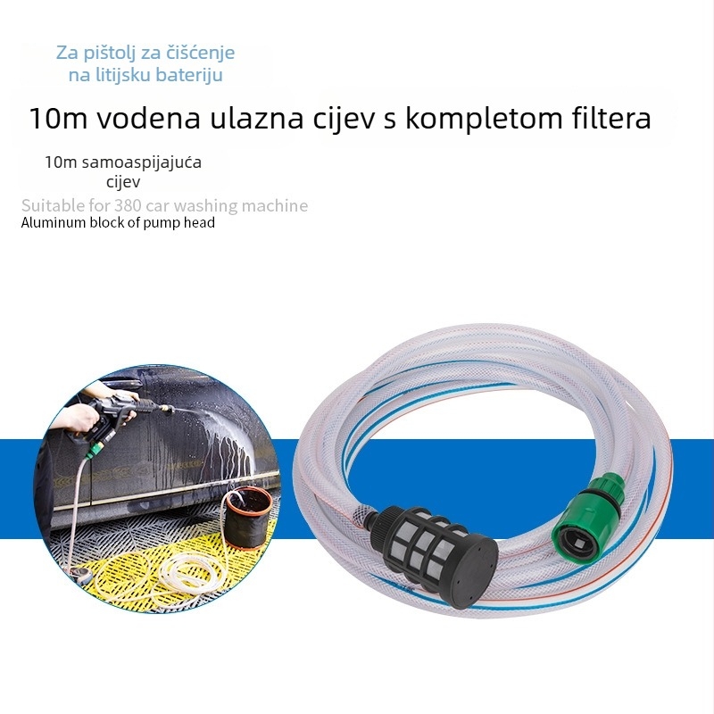 Set dodatne opreme za prijenosno bežično pranje automobila — 10 m crijevo za vodu, usisna cijev, filtrna mreža, konektori (Materijal mlaznice: Drugo; Pritisak vode: Drugo; Težina: 0.9)