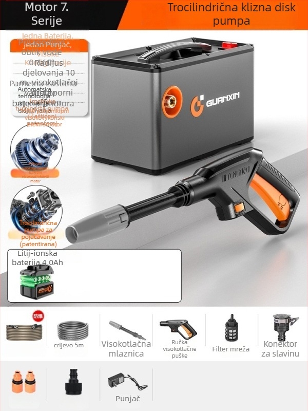 Bežična prijenosna automobilska mašina za pranje s litijskom baterijom, model maxs - 550 W, napon 20V/36V, maksimalni tlak 35 bar, maksimalan protok 4.0 L/min