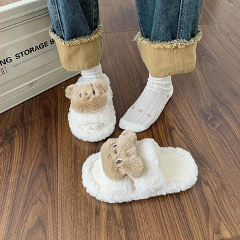 Damske papuče od umjetnog pliša, protuklizna TPR potplat, uzorak crtani medvjedić, korejski stil, pogodna za ljeto