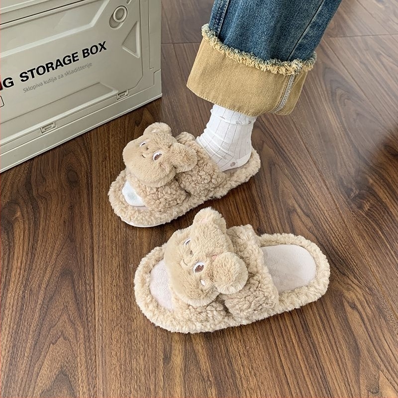 Damske papuče od umjetnog pliša, protuklizna TPR potplat, uzorak crtani medvjedić, korejski stil, pogodna za ljeto