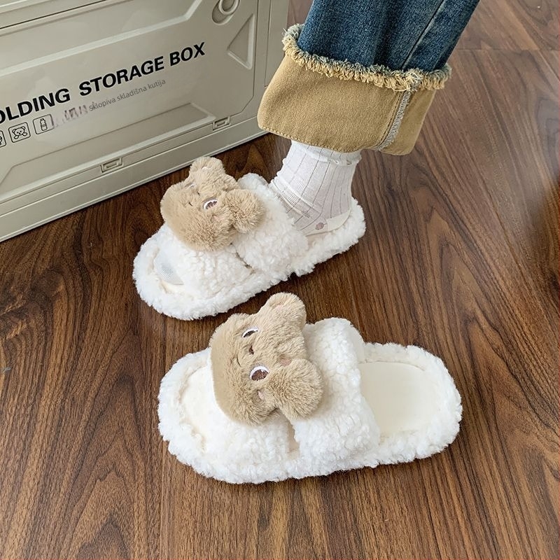 Damske papuče od umjetnog pliša, protuklizna TPR potplat, uzorak crtani medvjedić, korejski stil, pogodna za ljeto