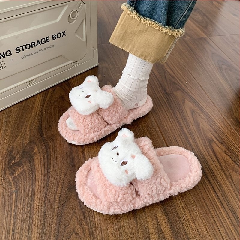 Damske papuče od umjetnog pliša, protuklizna TPR potplat, uzorak crtani medvjedić, korejski stil, pogodna za ljeto