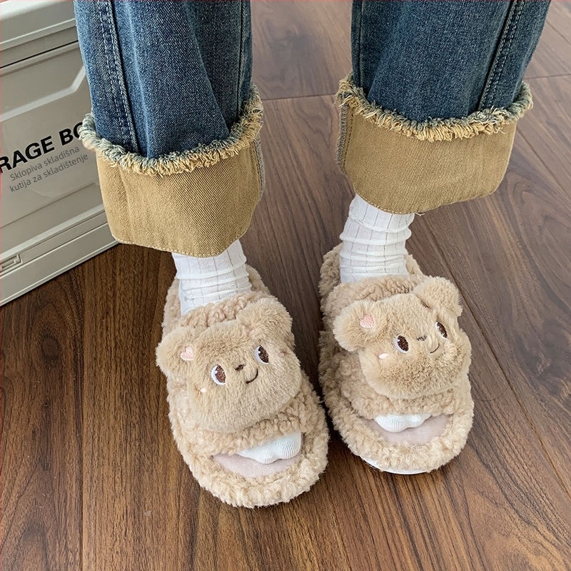 Damske papuče od umjetnog pliša, protuklizna TPR potplat, uzorak crtani medvjedić, korejski stil, pogodna za ljeto