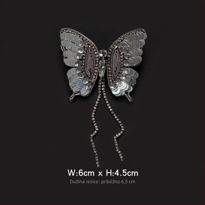 Filc aplikacija s motivom leptira, perlicama i kristalima, s resama - ručno šivani dodatak za haljine, cipele i torbe